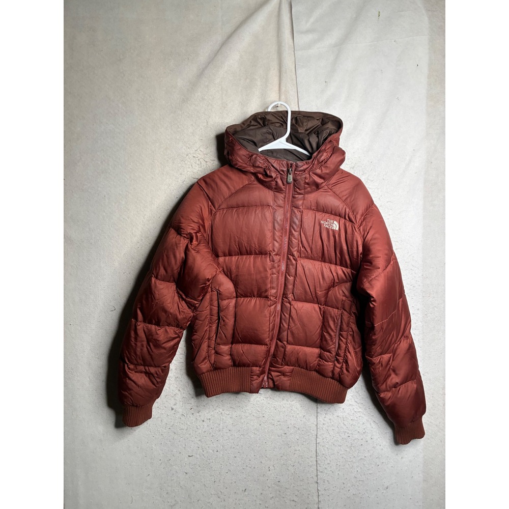 The North Face 550 Down Puffer Jacket Womens Large Rust Red Hooded Coat 9023